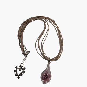 Glass Teardrop Pendant Necklace  Purple Flower Heart Adjustable